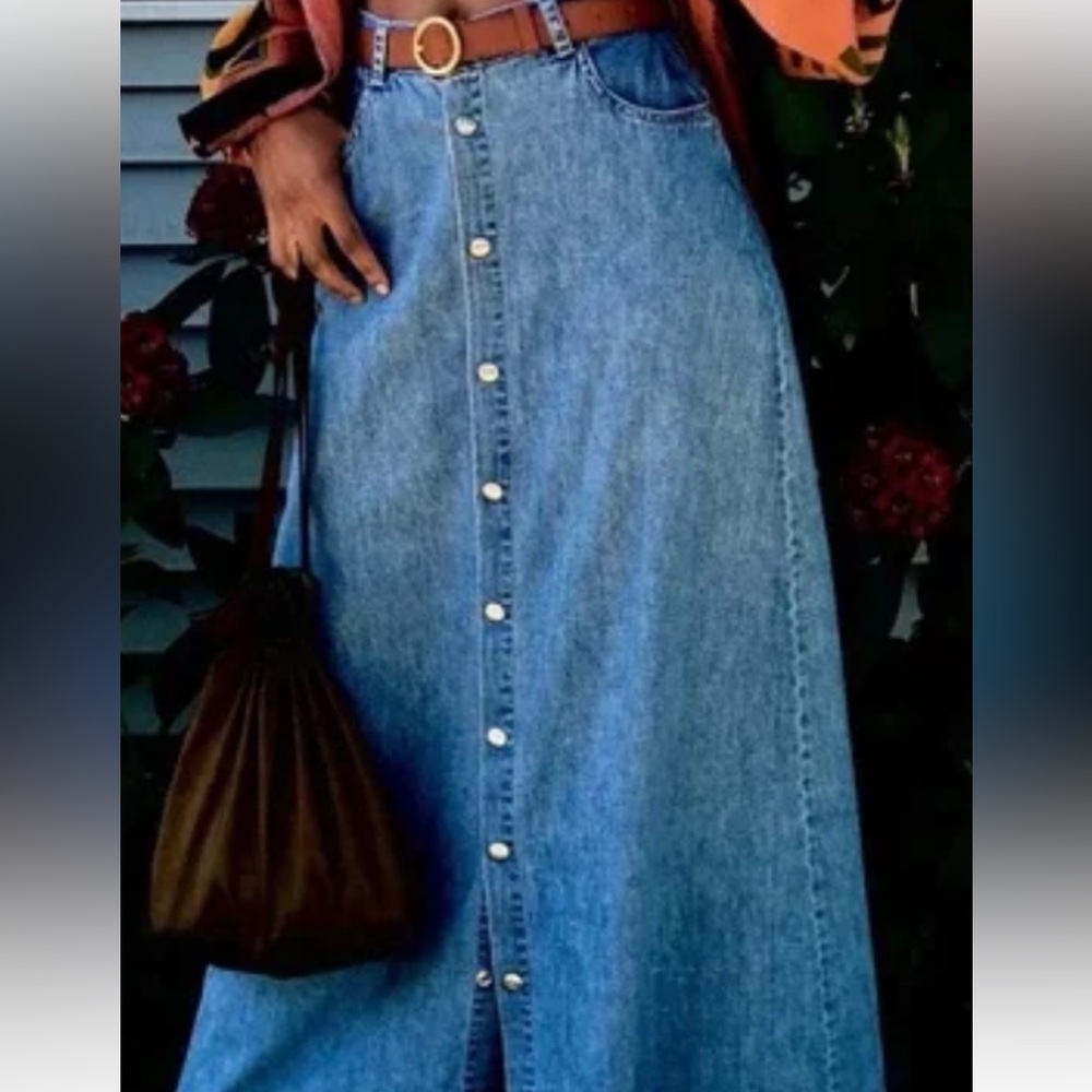 Calvin Klein Jeans Denim Maxi Skirt in Blue with Brown Belt